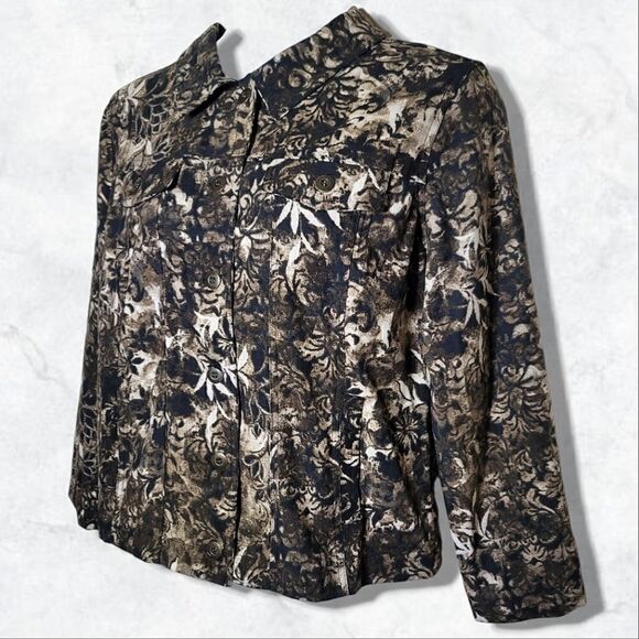 CJ Banks NWT Floral Black & Tan Long Sleeve Button-Up Blouse - Picture 4 of 7